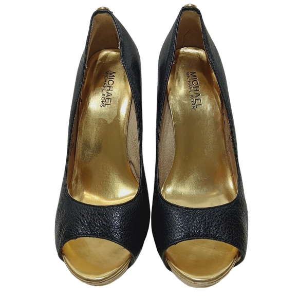 Michael Kors Black Leather Platform Peep Toe Stilettos Size 7.5 M Pumps Heels - Picture 4 of 11
